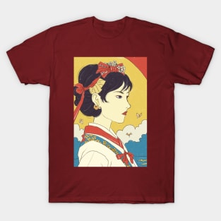 Woman wearing kimono and red bow T-Shirt